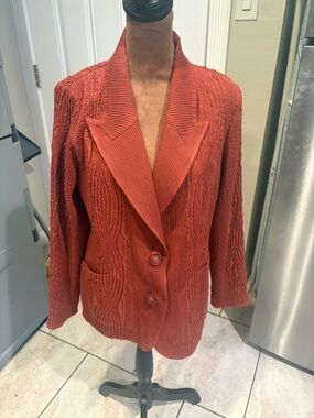 Textured Knit Blazer Jacket in Rust Red